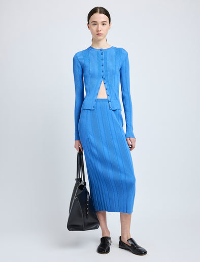 Proenza Schouler Front full length image of model wearing Ryanne Skirt in Column Rib in Blue