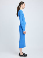 Proenza Schouler Side full length image of model wearing Ryanne Skirt in Column Rib in Blue
