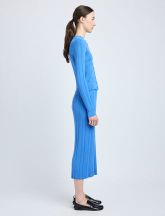 Proenza Schouler Side full length image of model wearing Ryanne Skirt in Column Rib in Blue