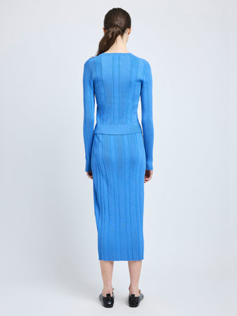 Proenza Schouler Back full length image of model wearing Ryanne Skirt in Column Rib in Blue
