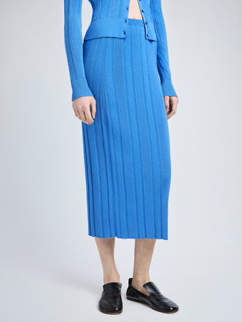 Proenza Schouler Detail image of model wearing Ryanne Skirt in Column Rib in Blue