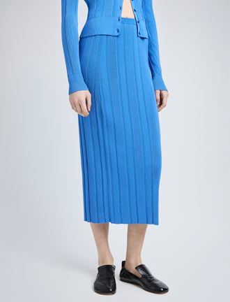 Proenza Schouler Detail image of model wearing Ryanne Skirt in Column Rib in Blue