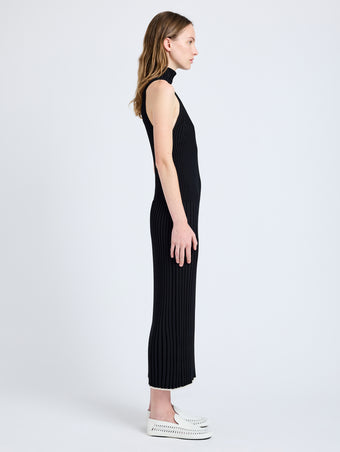 Proenza Schouler Side full length image of model wearing Maia Dress in Midweight Viscose Rib in Black