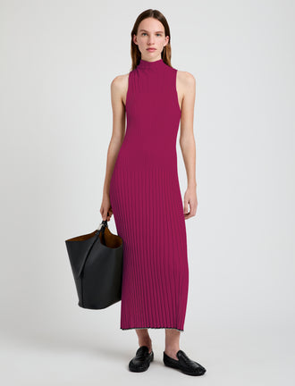 Proenza Schouler Front full length image of model wearing Maia Dress in Midweight Viscose Rib in Fucshia