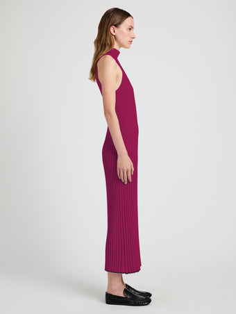 Proenza Schouler Side full length image of model wearing Maia Dress in Midweight Viscose Rib in Fucshia