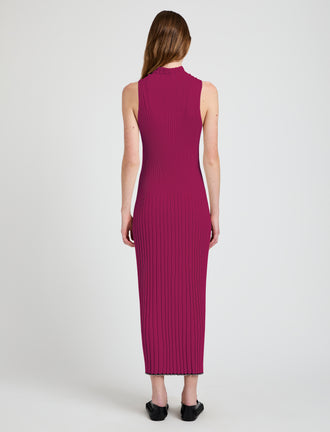 Proenza Schouler Back full length image of model wearing Maia Dress in Midweight Viscose Rib in Fucshia