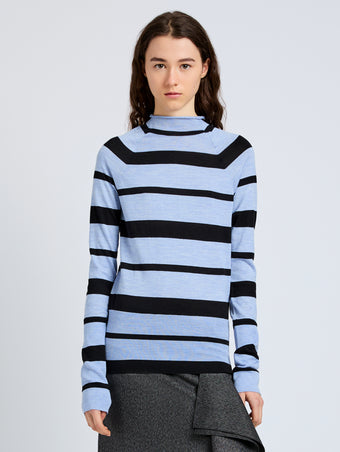 Proenza Schouler Front cropped image of model wearing Gia Top in Superfine Merino Silk in Blue Multi