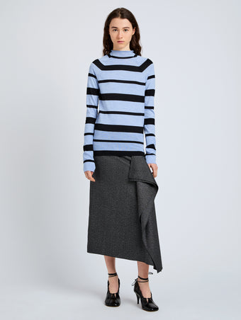 Proenza Schouler Front full length image of model wearing Gia Top in Superfine Merino Silk in Blue Multi
