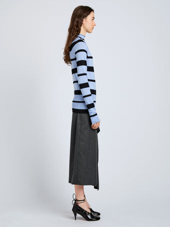 Proenza Schouler Side full length image of model wearing Gia Top in Superfine Merino Silk in Blue Multi
