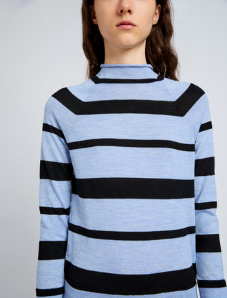 Proenza Schouler Detail image of model wearing Gia Top in Superfine Merino Silk in Blue Multi