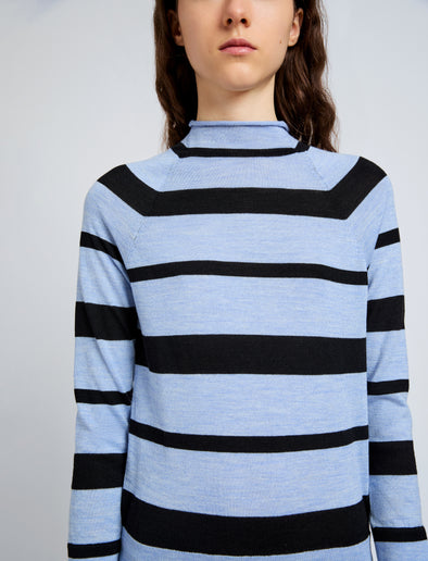 Proenza Schouler Detail image of model wearing Gia Top in Superfine Merino Silk in Blue Multi