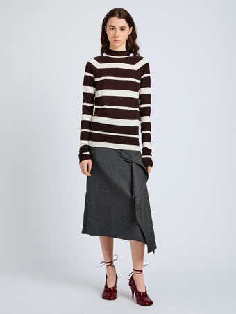 Proenza Schouler Front full length image of model wearing Gia Top in Superfine Merino Silk in Brown Multi