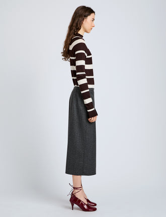 Proenza Schouler Side full length image of model wearing Gia Top in Superfine Merino Silk in Brown Multi