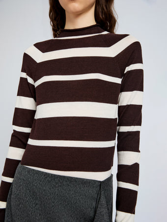 Proenza Schouler Detail image of model wearing Gia Top in Superfine Merino Silk in Brown Multi