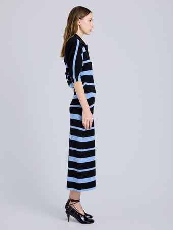 Proenza Schouler Side full length image of model wearing Solana Dress in Superfine Merino Silk in Black Multi