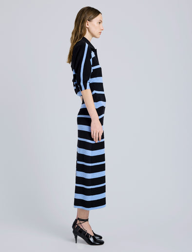 Proenza Schouler Side full length image of model wearing Solana Dress in Superfine Merino Silk in Black Multi