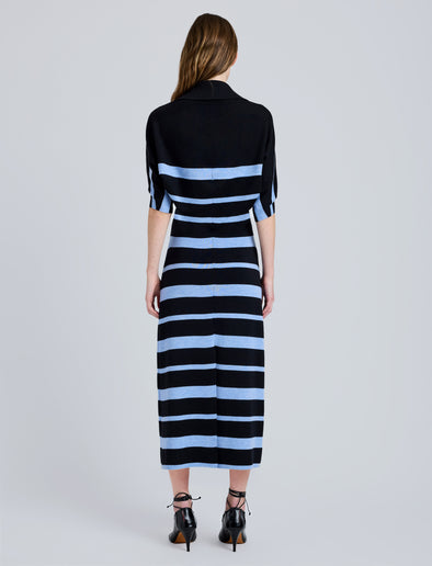 Proenza Schouler Back full length image of model wearing Solana Dress in Superfine Merino Silk in Black Multi