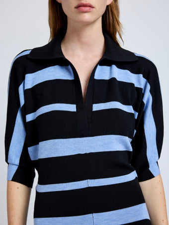 Proenza Schouler Detail image of model wearing Solana Dress in Superfine Merino Silk in Black Multi
