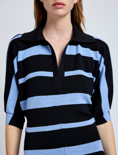 Proenza Schouler Detail image of model wearing Solana Dress in Superfine Merino Silk in Black Multi