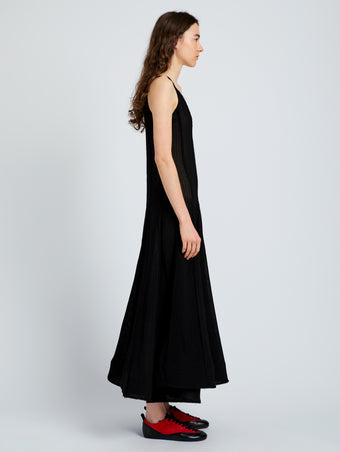 Proenza Schouler side image of model wearing Tavia Dress in Viscose Fringe Knit in black