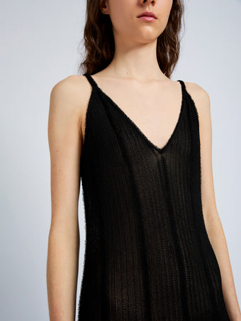 Proenza Schouler detail image of model wearing Tavia Dress in Viscose Fringe Knit in black