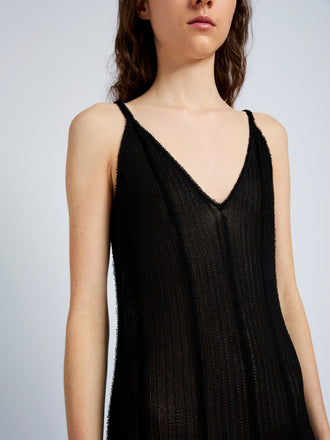 Proenza Schouler detail image of model wearing Tavia Dress in Viscose Fringe Knit in black