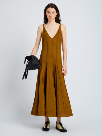 Proenza Schouler front image of model wearing Tavia Dress in Viscose Fringe Knit in olive