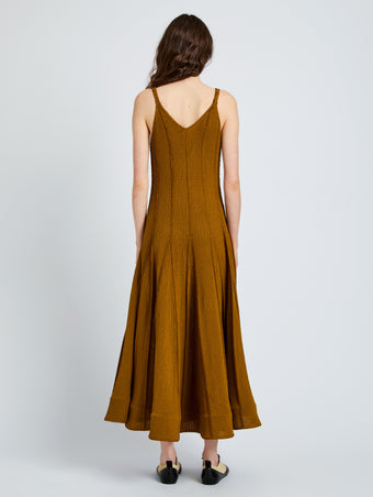 Proenza Schouler back image of model wearing Tavia Dress in Viscose Fringe Knit in olive
