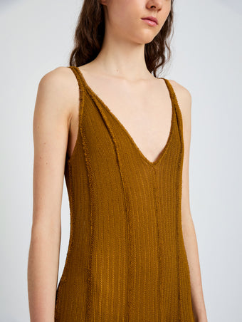 Proenza Schouler detail image of model wearing Tavia Dress in Viscose Fringe Knit in olive