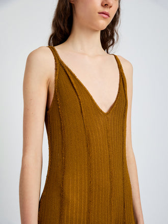 Proenza Schouler detail image of model wearing Tavia Dress in Viscose Fringe Knit in olive
