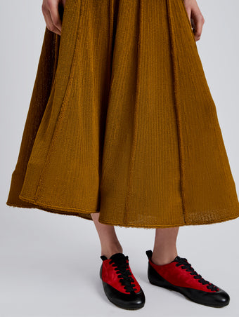 Proenza Schouler Detail image of model wearing Tavia Skirt in Viscose Fringe Knit in Olive