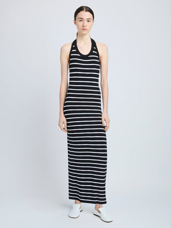 Proenza Schouler Front full length image of model wearing Meryl Dress in Matte Viscose Rib in Black Multi