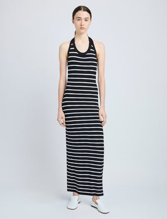 Proenza Schouler Front full length image of model wearing Meryl Dress in Matte Viscose Rib in Black Multi