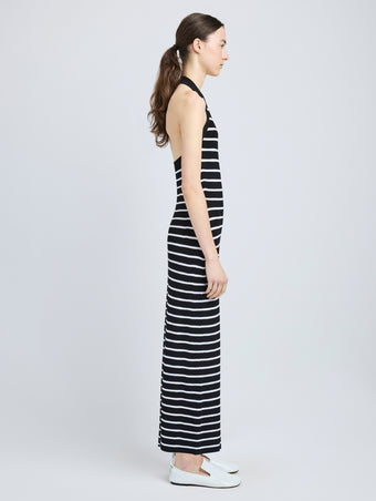 Proenza Schouler Side full length image of model wearing Meryl Dress in Matte Viscose Rib in Black Multi