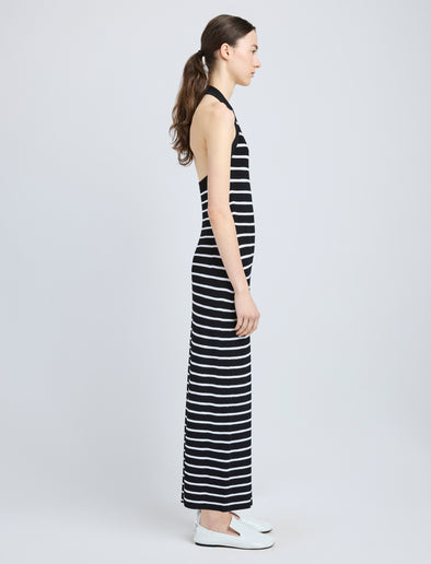 Proenza Schouler Side full length image of model wearing Meryl Dress in Matte Viscose Rib in Black Multi