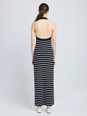 Proenza Schouler Back full length image of model wearing Meryl Dress in Matte Viscose Rib in Black Multi