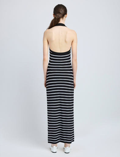 Proenza Schouler Back full length image of model wearing Meryl Dress in Matte Viscose Rib in Black Multi