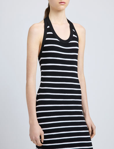 Proenza Schouler Detail image of model wearing Meryl Dress in Matte Viscose Rib in Black Multi