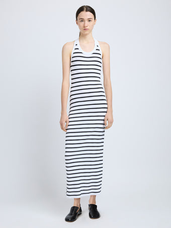 Proenza Schouler Front full length image of model wearing Meryl Dress in Matte Viscose Rib in White Multi