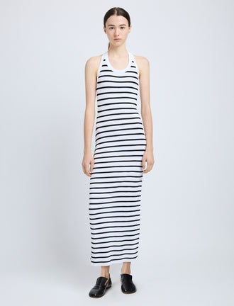 Proenza Schouler Front full length image of model wearing Meryl Dress in Matte Viscose Rib in White Multi
