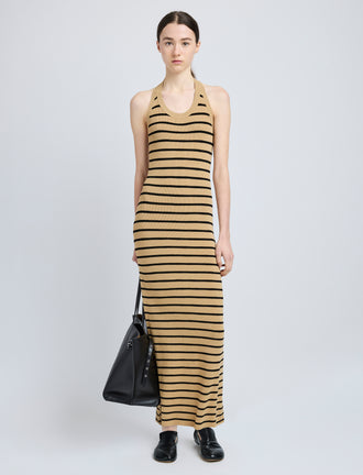 Proenza Schouler Front full length image of model wearing Meryl Dress in Matte Viscose Rib in Khaki Multi