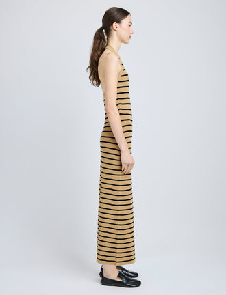 Proenza Schouler Side full length image of model wearing Meryl Dress in Matte Viscose Rib in Khaki Multi