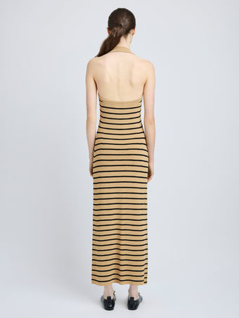 Proenza Schouler Back full length image of model wearing Meryl Dress in Matte Viscose Rib in Khaki Multi