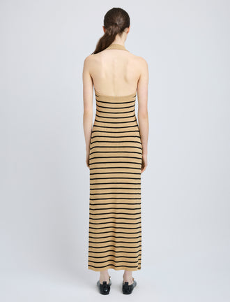 Proenza Schouler Back full length image of model wearing Meryl Dress in Matte Viscose Rib in Khaki Multi