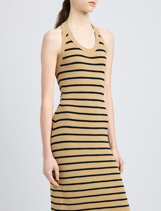 Proenza Schouler Detail image of model wearing Meryl Dress in Matte Viscose Rib in Khaki Multi