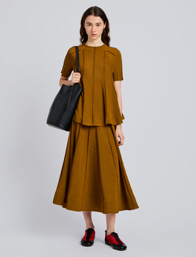 Proenza Schouler Front full length image of model wearing Tavia Top in Viscose Fringe Knit in Olive