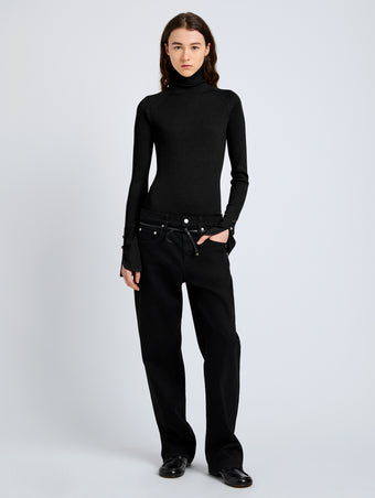 Proenza Schouler Front full length image of model wearing Belle Top in Silk Cashmere in Black