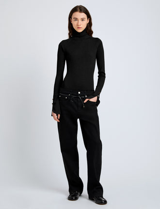 Proenza Schouler Front full length image of model wearing Belle Top in Silk Cashmere in Black