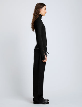 Proenza Schouler Side full length image of model wearing Belle Top in Silk Cashmere in Black