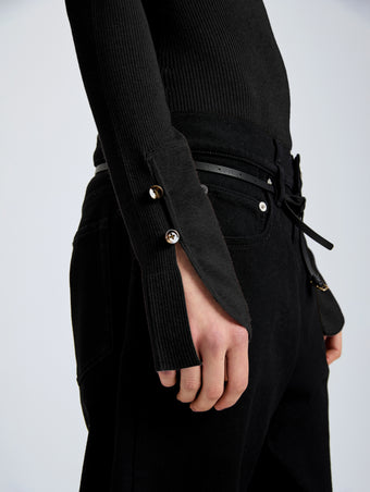 Proenza Schouler Detail image of model wearing Belle Top in Silk Cashmere in Black